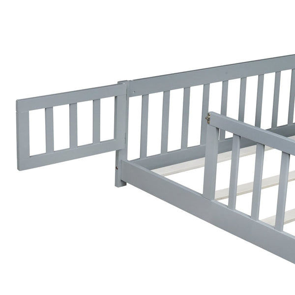 English Elm Queen Rubber Wood Floor Bed with Full Perimeter Safety Fence and Hinged Access Door Grey W504P429339