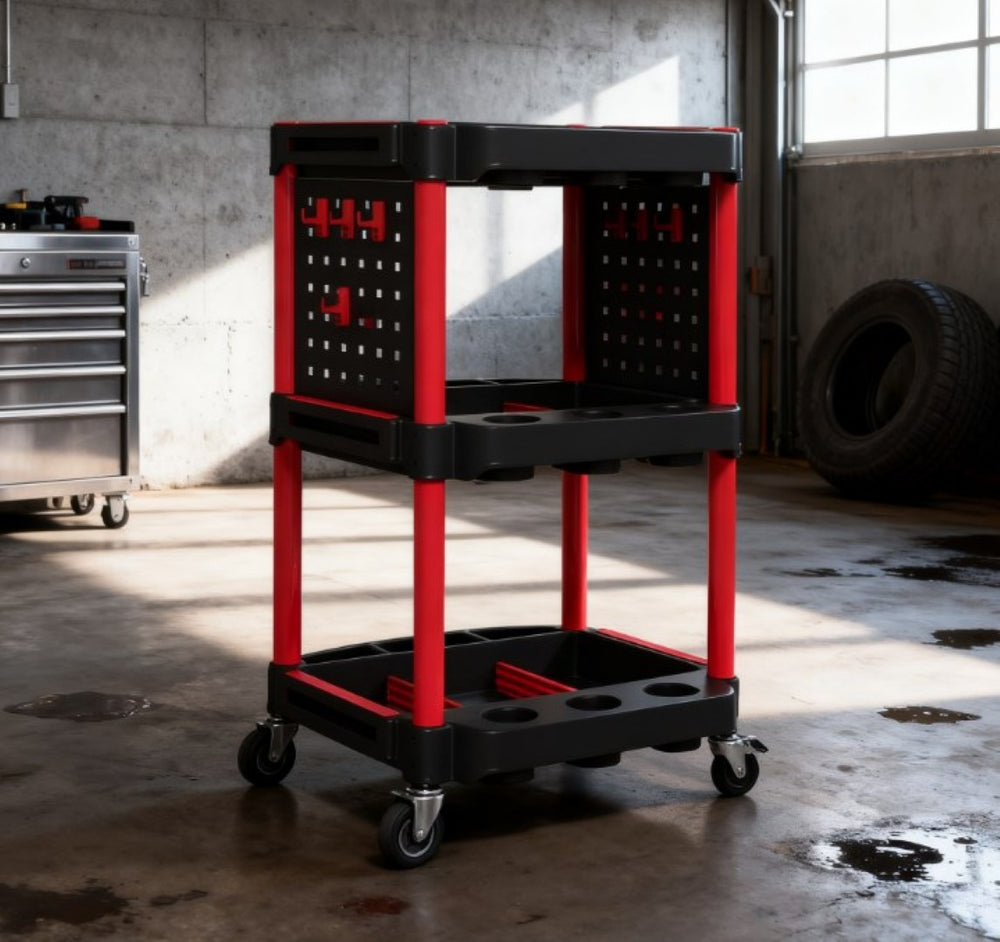 English Elm Capacity Three Tier Plastic Rolling Workshop Cart with Hooks Side Shelves Garage T3971P412713