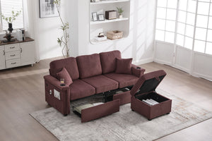 English Elm UNITED Corduroy L-Shaped Sectional Sofa with Storage Ottoman, USB Ports, Cup Holders & LED Lighting WINE RED W1568P332410