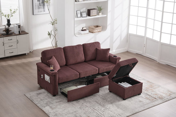 English Elm UNITED Corduroy L-Shaped Sectional Sofa with Storage Ottoman, USB Ports, Cup Holders & LED Lighting WINE RED W1568P332410