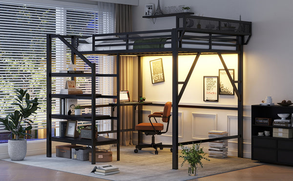 English Elm Queen Metal Loft Bed with Staircase Storage Foldable Desk and Built-in Charging W2580S00073