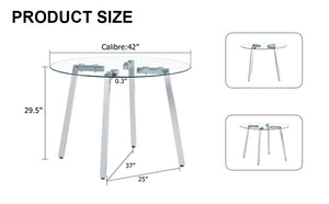 English Elm Modern circular tempered glass dining table with silver metal legs, minimalist clear top for airy spaces W1512P371582