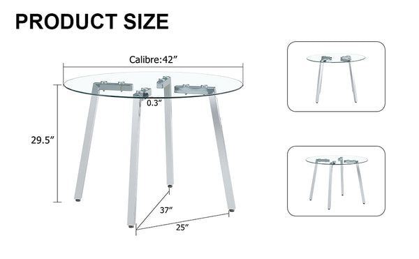 English Elm Modern circular tempered glass dining table with silver metal legs, minimalist clear top for airy spaces W1512P371582