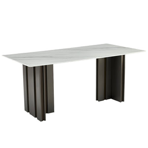 English Elm 69.30 Inch Rectangular Dining Table Marble Pattern Top with Polished Steel Legs Seats Six W3357S00002