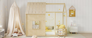 English Elm Twin House Frame Floor Bed Pinewood Build with Led Roofline Kids Bedroom Natural W697P435882