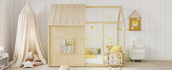 English Elm Twin House Frame Floor Bed Pinewood Build with Led Roofline Kids Bedroom Natural W697P435882
