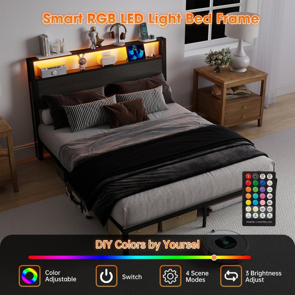 English Elm Queen Metal Platform Bed Rgb Led Headboard Charging Ports Under Storage 800lb Dark Grey T3963P491447