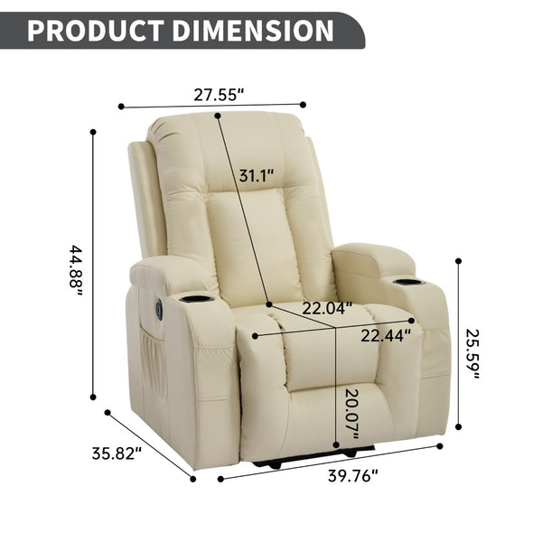English Elm Beige Pu Leather Power Lift Recliner with Massage Lumbar Heat and Usb Charging Beige W1803S00085