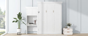 English Elm Queen Size Murphy Bed With Stylish Louvered Design, Multi-Storage Shelves, And Elegant White Finish N7090004018K-GIGA