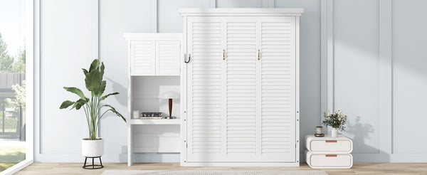 English Elm Queen Size Murphy Bed With Stylish Louvered Design, Multi-Storage Shelves, And Elegant White Finish N7090004018K-GIGA