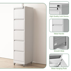 English Elm 5 Drawer Vertical File Cabinet on Wheels with Lock, Heavy-Duty Steel, Anti-Tilt Mobile Storage for A4/Letter/Legal Files White T2398P310088