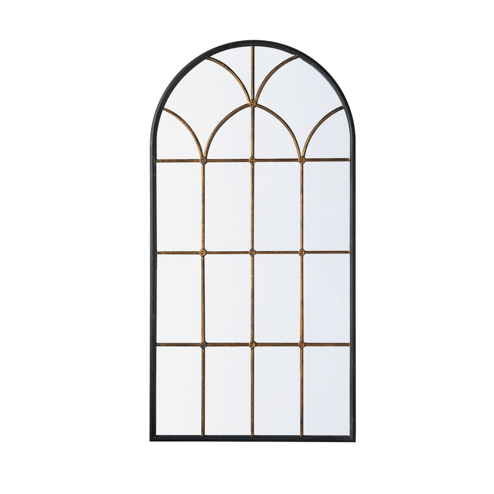 English Elm 34x65.5" Arched Full-Length Mirror with Black & Gold Windowpane Frame, Timeless Focal Point for Entryways W2078P372546