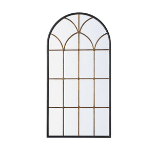 English Elm 34x65.5" Arched Full-Length Mirror with Black & Gold Windowpane Frame, Timeless Focal Point for Entryways W2078P372546