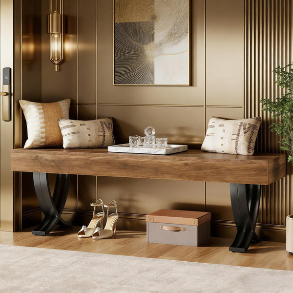 English Elm Plant Bench with X-frame Steel Legs Wood-look Top for Entryway or Bedroom Foot T3971P457935