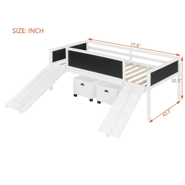 English Elm Twin Kids Loft Bed Solid Pine Frame with Slide Chalkboard and Climbing Rope Play Zone White N708P340493K