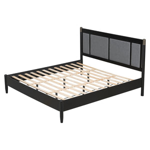 English Elm Solid Pine King Platform Bed with Upholstered Headboard and Industrial Metal Accents Black,Dark Grey N770PK361419B