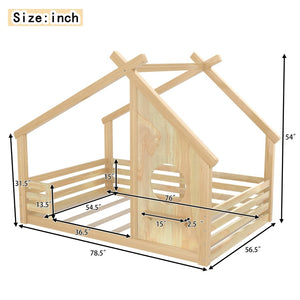 English Elm Twin House Bed Low Profile Pine Wood Frame with Shelf Montessori Kids Floor Sleeping Natural W5305P429645
