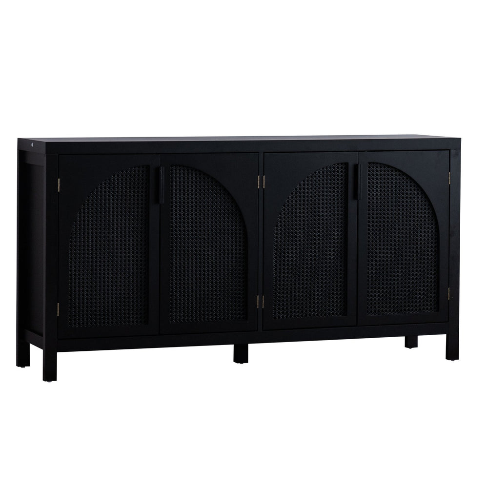 English Elm Modern Storage Sideboard Buffet Cabinet with Black MDF, Rattan Doors, Adjustable Shelves, Sleek Handles W3081P339021