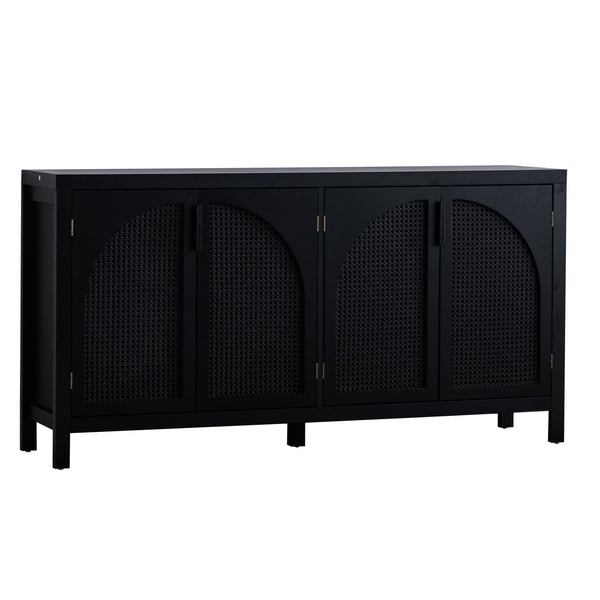 English Elm Modern Storage Sideboard Buffet Cabinet with Black MDF, Rattan Doors, Adjustable Shelves, Sleek Handles W3081P339021