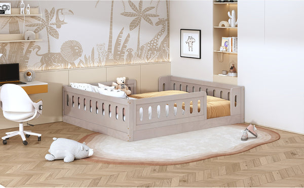 English Elm Wood Full Size Kids Platform Bed Solid Pine Guardrail Low Profile Safe Sleep Frame Natural N709P321458N