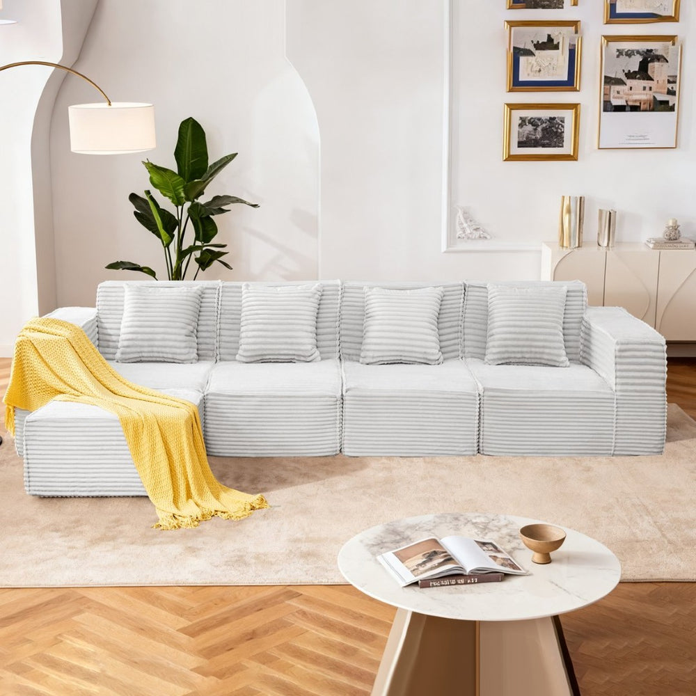 English Elm L-shaped Modular Sectional with Ottoman Corduroy Upholstery Four Seat Living Room Sofa Light Gray W2699S00093