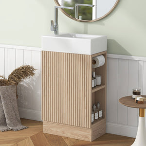 English Elm 18.6" Bathroom Vanity with Sink and Ceramic Top, MDF Cabinet with Door, TP Holder & Shelf Natural N725P212181N