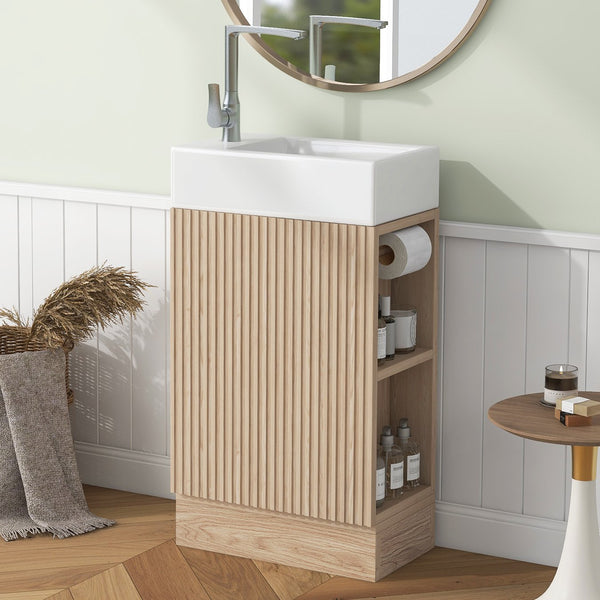 English Elm 18.6" Bathroom Vanity with Sink and Ceramic Top, MDF Cabinet with Door, TP Holder & Shelf Natural N725P212181N