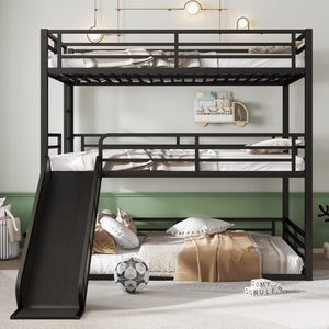 English Elm Queen Metal Triple Bunk Bed With Slide - Space-Saving, Heavy-Duty Design, Safety Guardrails In Black W1580S00172-GIGA