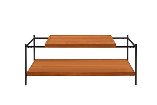 English Elm Oaken Honey Finish Coffee Table with Open Storage and Black Metal Frame — Modern Rustic Centerpiece Oak 51.75 L x 24.5 W x 7.25 H B2726P244370