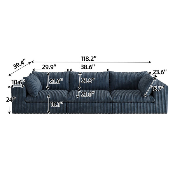 English Elm 118.2" Modular Cloud Sofa Corduroy Upholstered Deep Seat Lounge for Living Room Blue W2824S00192