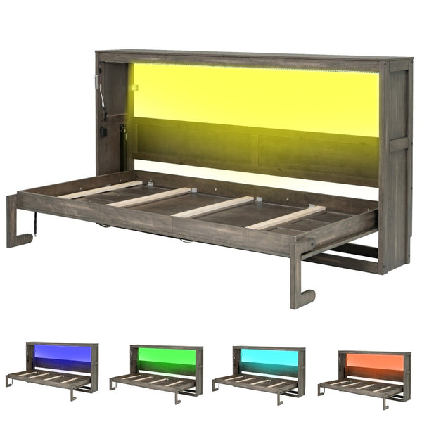 English Elm Twin Size Murphy Bed With Integrated Led Light - Space-Saving Foldable Cabinet For Stylish Living N7090004013D-GIGA