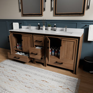 English Elm Rustic Barnwood Double Bath Vanity 80" W with White Quartz Top, Soft-Close Storage & 30" Mirrors B2731S00918