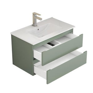 English Elm 32-Inch Wall-Mounted Bathroom Vanity With Integrated Ceramic Sink, Soft-Close Drawers & Modern Green Finish W3151S00044