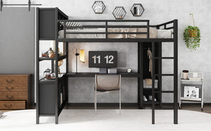 English Elm Metal Loft Bed With Wardrobe, L-Shaped Desk & Storage Cubes - Stylish Space-Saving Queen Solution W1580S00109