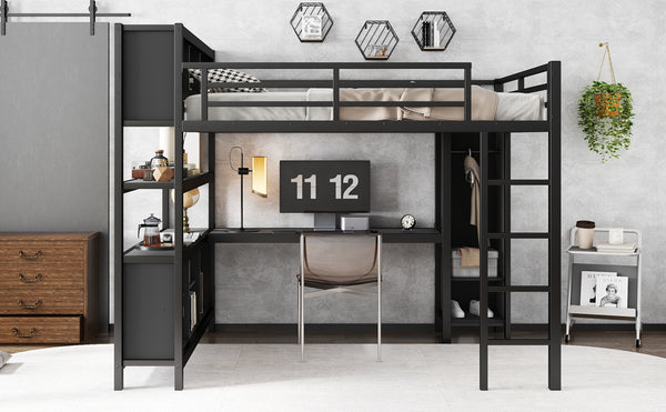 English Elm Metal Loft Bed With Wardrobe, L-Shaped Desk & Storage Cubes - Stylish Space-Saving Queen Solution W1580S00109