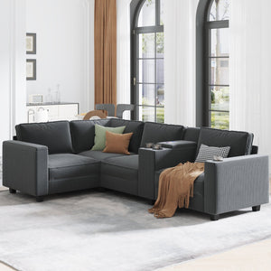 English Elm sofa L-Shaped 6-Seater Grey Fabric with Center Island, USB Charging, Cup Holders & Storage Space W680P314067