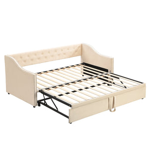 English Elm Twin Upholstered Daybed with Pop-Up Trundle, Space-Saving Guest Bed with Slats, Hydraulic Wheels, 81.9" L Beige SF000133AAA