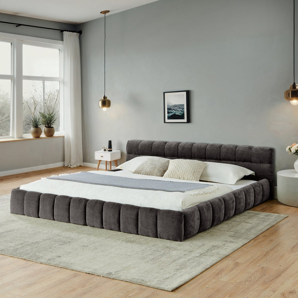 English Elm California King Upholstered Platform Bed Frame In Dark Gray - No Box Spring, Modern Chenille Design W487P311321
