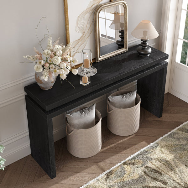 English Elm 60'' Black Farmhouse Console Table Rustic 60" Entryway Sofa Table Solid Wood & MDF Double Board Design, Durable Accent Piece W1445P317059