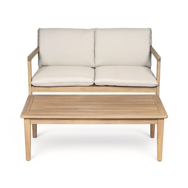 English Elm Christopher Knight Home® - Outdoor Acacia Wood Loveseat with Coffee Table — Light Teak Frame, Beige Water-Resistant Cushions, Slat Design and Durable Hardwood Finish N772P247683L