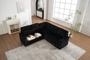 English Elm Sectional Corduroy Sleeper Sofa with Storage and Charging Ports for Small Spaces Black W1361S00078