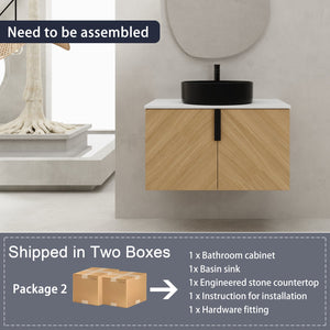 English Elm 30" Bathroom Vanity - Sleek Wall-Mounted Design With Ceramic Sink, Soft-Close Doors, Light Oak Finish W999S00444