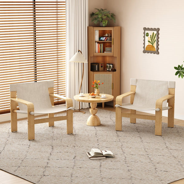 English Elm Detachable Oak Accent Chair with Solid Wood Frame, Wide Armrest, Removable Washable Linen Cover White W2336P251803