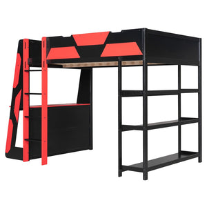 English Elm Full Size Gaming Loft Bed with Led Lighting Desk Shelves and Usb Charging Ports Black+Red N820S00076J