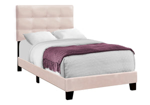 English Elm Bed, Twin Size Upholstered Velvet Platform Bed Frame with Tufted Headboard, Sturdy Slat Base Pink 45 L x 26 W x 4 H B2710P219514