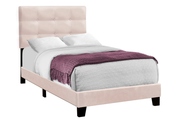 English Elm Bed, Twin Size Upholstered Velvet Platform Bed Frame with Tufted Headboard, Sturdy Slat Base Pink 45 L x 26 W x 4 H B2710P219514