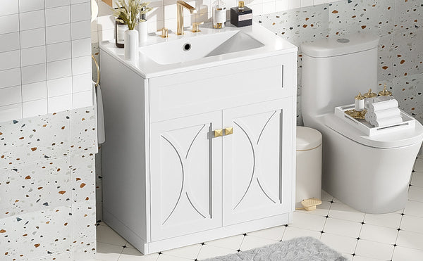 English Elm 30'' Bathroom Vanity With Ceramic Sink Combo - Modern Freestanding Cabinet, Gold Handles & Soft-Close Doors N710P194898K