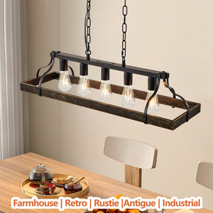 English Elm 34-Inch Vintage Pendant Light with 5 E26 Sockets, Iron Frame, Adjustable Chain for Kitchen Island Black+Gold W1340P251926