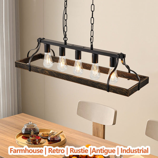 English Elm 34-Inch Vintage Pendant Light with 5 E26 Sockets, Iron Frame, Adjustable Chain for Kitchen Island Black+Gold W1340P251926