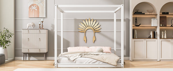 English Elm King Canopy Platform Bed with Support Legs, Sturdy Pine & MDF Slat Base for Cool, Fresh Mattress White WF309290AAK